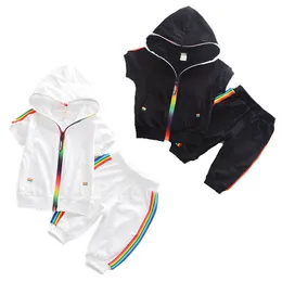 Kinder Designer Kleidung Jungen Mädchen Outfits Kinder Reißverschluss Hoodies + Regenbogen Streifen Hosen 2 teile/satz Sommer Sportbekleidung Baby Kleidung Sets C6613