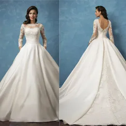 Elegant Satin Wedding Dresses Sheer Long Sleeve Jewel Neck Illusion Bridal Gowns Lace Appliqued A Line Beach Wedding Dress