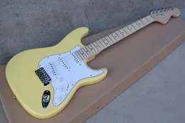 Guitarra elétrica fábrica Personalizado amarelo com Scalloped bordo Neck, Abalone Dots Fret embutimento, Branco Pickguard, Chrome Hardware, pode ser personalizado