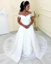 Vintage Lace Mermaid Overskirts A-Line Wedding Dresses 2019 Off Shoulder Plus Size White Cheap Arabic African Country Bridal Gowns 18