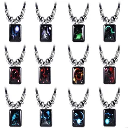 Luminous Pendant Necklaces Men Galaxy Constellation 12 Zodiac Design Horoscope Black Rope Chain Vintage Resin Rectangle Jewelry for Women