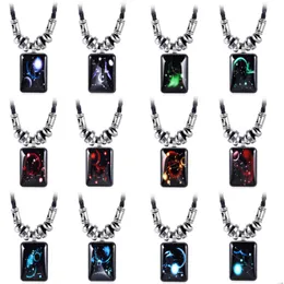 Luminous Pendant Necklaces Men Galaxy Constellation 12 Zodiac Design Horoscope Black Rope Chain Vintage Resin Rectangle Jewelry for Women