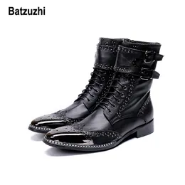 Batzuzhi helt nya män skor pekade metall tips riddare boot herre zapatos de hombrre black äkta läder kamp stövlar för män bota