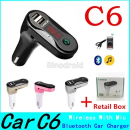 C6 Bluetooth Car Kit Handsfree FM Transmitter TF Card USB MP3 Player Auto USB 2 Ports Car Charger DC12V With Mic + Retail Package