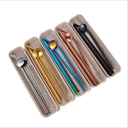US STOCK! Stainless Steel Straw Set Straight Bent Straws 7pcs set Drinking Straws With Box Reusable Drinking Straw Bar Tool FY4146