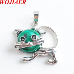 WOJIAER Cute Animal Cat Pendants Suspension Bead Round Natural GemStone Energy Fashion Jewelry for Women BE905