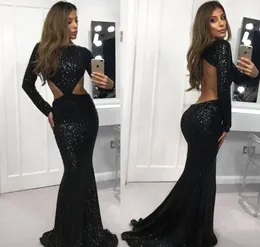 2019 Cheap Mermaid Long Sleeves Evening Dress Black Backless Sequined Holiday Women Wear Formal Party Prom Gown Custom Made Plus Size