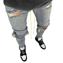 Laamei Męskie Fajne Czarne Dżinsy Skinny Ripped Zniszczony Schuda Fit Hop Hop Spodnie z otworami dla mężczyzn
