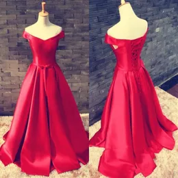 Nowy Prosty Red Off The Ramię Prom Dresses V Neck a Line Satin Ruched Custom Made Formal Evening Suknie Fasr Dostawa Cocktail Party Dress