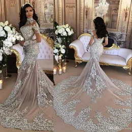 Arabiska Sexiga sjöjungfru Bröllopsklänningar High Neck Långärmade Illusion Lace Appliques Crystal Beaded Chapel Train Plus Size Custom Bridal Gowns