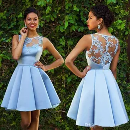 Sky Blue Satin Kort Mini Cocktail Homecoming Dresses Lace Applique Beaded Cheap 2020 Graduation Dresses Short Prom Gown