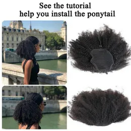 Afro Puff Шнурок с завязками хвост Kinky Вьющиеся Afro клип на Updo Chignon Bun Hair Piece Наращивание волос для женщин Средний размер 140 г конский хвост