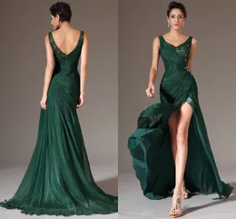 2020 Neue Meerjungfrau Langes Abendkleid V-ausschnitt Falten Perlen Prom Party Kleid Dunkelgrün Chiffon Formale Abendkleider