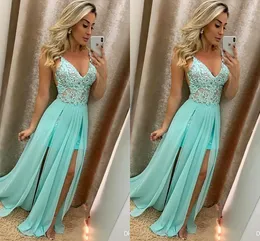 Sexig Billiga En Linje Plus Storlek Prom Klänningar Spaghetti Straps V Neck Long Chiffon Long Lace Appliques Formell Klänning Evening Gowns Ogstuff