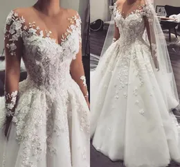 Arabic 3D Flowers Wedding Dress A-line Sheer neck Appliques Long Sleeve Bridal GownTulle Wedding Dresses