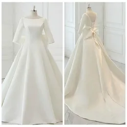 2020 Proste Satin Wedding Suknie 3/4 Długie Rękawy Bow Lace Up Powrót Katedra Pociąg Suknia Ślubna Custom Made Vestido de Novia