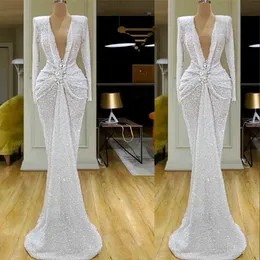 Glitter White Sequins Mermaid Prom Dresses Deep V Neck Crystal Long Sleeves Sequined Ruched Waist Party Gowns Custom Formal Evening Dress