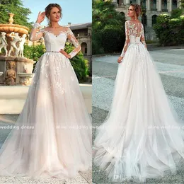 Apliques de ilusão de vestido de noiva brancos elegantes com mangas compridas de mangas compridas no botão traseiro e amarrar vestido de noiva