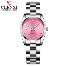 Chenxiファッションピンクのダイヤル時計2018年高品質クォーツ時計エレガントなドレスレディースステンレス鋼の腕時計XFCS