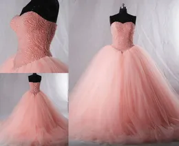 Puffy Spódnica Tulle Księżniczka Suknia Balowa Blush Pink Quinceanera Suknia Suknia Balowa Sweetheart Perły Zroszony Koronki Powrót Bridal Prom Dress