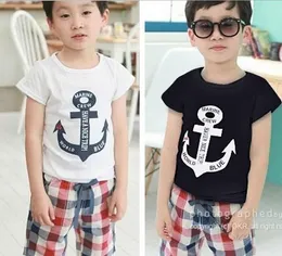 Summer clothing children suit boat anchor short sleeves t shirt + plaid pants 2pcs boys casual sets pure cotton kids outfits 5set/lot GH149