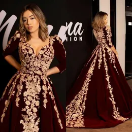 Kaftan Caftan Burgundy Velvet Prom Dresses Suknia Pół Rękawa Złota Luksusowa Koronka Aplikacja Arabski Dubai Abaya Okazja Suknie Celebrity