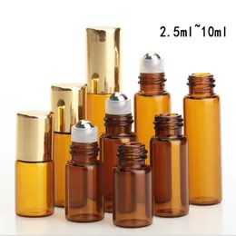 Amber 3ML 5ML 10ML Roll On Bottle Roller in acciaio inossidabile Rollon Bottle Olio essenziale Fragranza liquida Tappo dorato