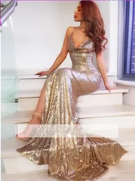 Ny ankomst Sexig sjöjungfru prom klänningar Deep V Neck Backless Sequined Floor Length Formell klänning Party Aftonklänningar Vestidos de Fiesta Estidos