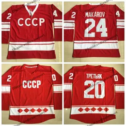 Vintage Customize 1980 CCCP Ryssland Hockey Tröjor 24 Sergei Makarov 20 Vladislav Tretiak Hem Röda Stitched Hockey Tröjor M-XXXL