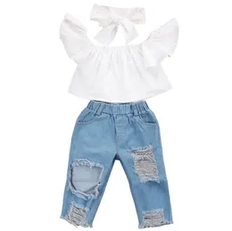 Toptan Çocuk Tasarımcı Giysi Kız Mali Kapalı Omuz Kırpma Üstleri Beyaz + Delik Denim Pantolon Jean + Bandı Toddler Bebek Kız Tasarımcı Giysileri