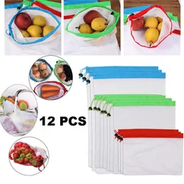 12 sztuk siatki wielokrotnego użytku torby do produkcji podwójnie szyte sznurkiem siatkowa torba uniwersalna żywność owoce torby do przechowywania warzyw