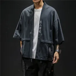 2019 Vintage Kimono Jacket Män Casual Loose Open Stitch Chinese Style Toppar Linne Cardigan Coat Traditionella Retro Men Jackor