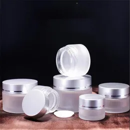 5g Frostat glas Kosmetisk burk Tomt Face Cream Lip Balm Storage Container Refillerbar provflaska med silverlock 5ml YTH1636-5