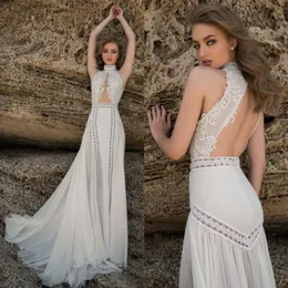 Fabulous Mermaid Lace Beach Bröllopsklänningar High Neck Appliqued Backless Bridal Gowns Sweep Train Chiffon Beaded Robes de Mariée