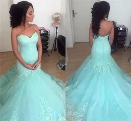 Custom Mint Green Lace Mermaid Prom Dresses 2022 with Appliques Sweep Train Strapless Tulle Formal Evening Party Gowns