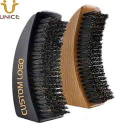 MOQ 100pcs Unique Design OEM Customize LOGO Wave Brushes Boar Bristle Beards Hairs Brush for Men Black Wooden with Stand