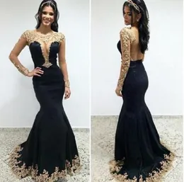 Sexy Black and Gold Lace Mermaid Prom Avondjurken Lange Illusion Mouwen Applique Hollow Back V-hals Pageant Formele Gowns