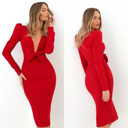 Cheap New Fashion Red Mermaid Cocktail Party Dresses Deep V Neck Long Sleeve Satin Bow Knot Evening Gowns Knee Length Formal Dress