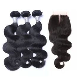 Indian Body Wave Virgin Human Hair Weaves 3 Bundles with Lace Closures Unprocessed Cuticle Aligned Indian Remy Hair Extensions Natural Color