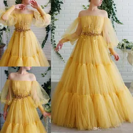 DAFFODIL A LINE PROM DRESSS SHEER OFF AUDOLE STADE LÅNG PULDY SLEESS TIERED TULLE Aftonklänningar Plus Size Formell klänning Evenin266e