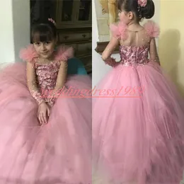 Rose Floral Flower Girls Pageant Dress Lace Manga comprida Little First Communion Dress Crianças Infantil criança Party Wear Flower Girls Dresses