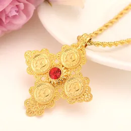 Coin Cross Pendants Italian rope Necklaces Red Green Blue Solitaire 14 k Yellow Solid Gold GF Exquisite Jewelry Gift Boxed