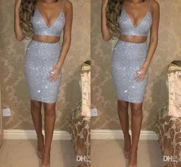 Bling Bling Silver Two Piece Cocktail Party Dresses Spaghetti Straps Sequined Short Prom Dresses Formal Evening Gown Keen Length V