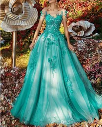 Plus Storlek Lake Green Off Shoulder A Line Prom Dress Tulle Lace Appliques Formal Evening Gowns Arabic Robe de Soiree Robes de Soirée