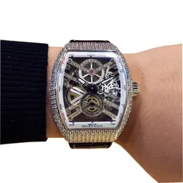 New Saratoge Vanguard V 45 T SQT BR Hollow Skeleton Dial Automatic Mens Watch Silver Diamond Case Leather/Rubber Watches Hello_Watch