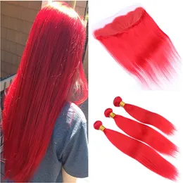 Malaysisk Silky Straight Virgin Human Hair Red Colored Weave Bundlar 3pcs med frontal ren röd 13x4 spets frontlåsning med väv