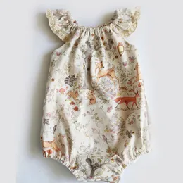 Baby flicka romer sommar söt nyfödd spädbarn toddler tjejer spets blommig hjort printing rompers baby flicka kläder jumpsuit barn kläder b11