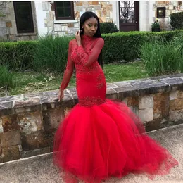 Afrikanische rote mermaid prom Kleider hoher Nacken sehen, obwohl die Ärmel Spitze Applique Perlen Sweep Zug Tüll Lange Abend Kleidung Partykleider