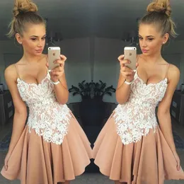 2019 Sexy A-Line Homecoming Dresses Spaghetti Sweetheart Sleeveless Lace Mini Short Zipper Back Short Party Dresses Cocktail Dresses 56