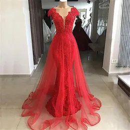 Wysokiej jakości koronki Merimaid Długa sukienka wieczorowa Luksusowe Sexy V-Neck Party Dresses Cap Rękawy Robe de Soiree